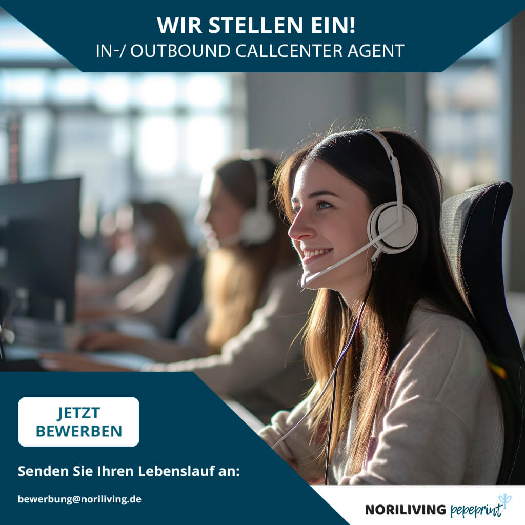 Frau mit Headset im Callcenter, Text: 'Wir stellen ein! In-/Outbound Callcenter Agent'. Bewerbungsdetails unten.